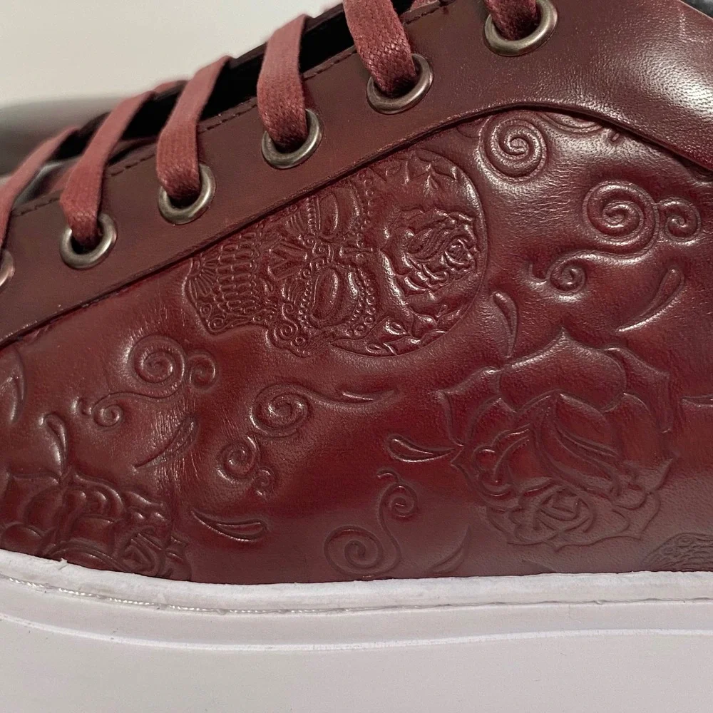 Robert‎ Graham Mens 10.5 Burgundy Embossed Skull Floral Leather Sneakers